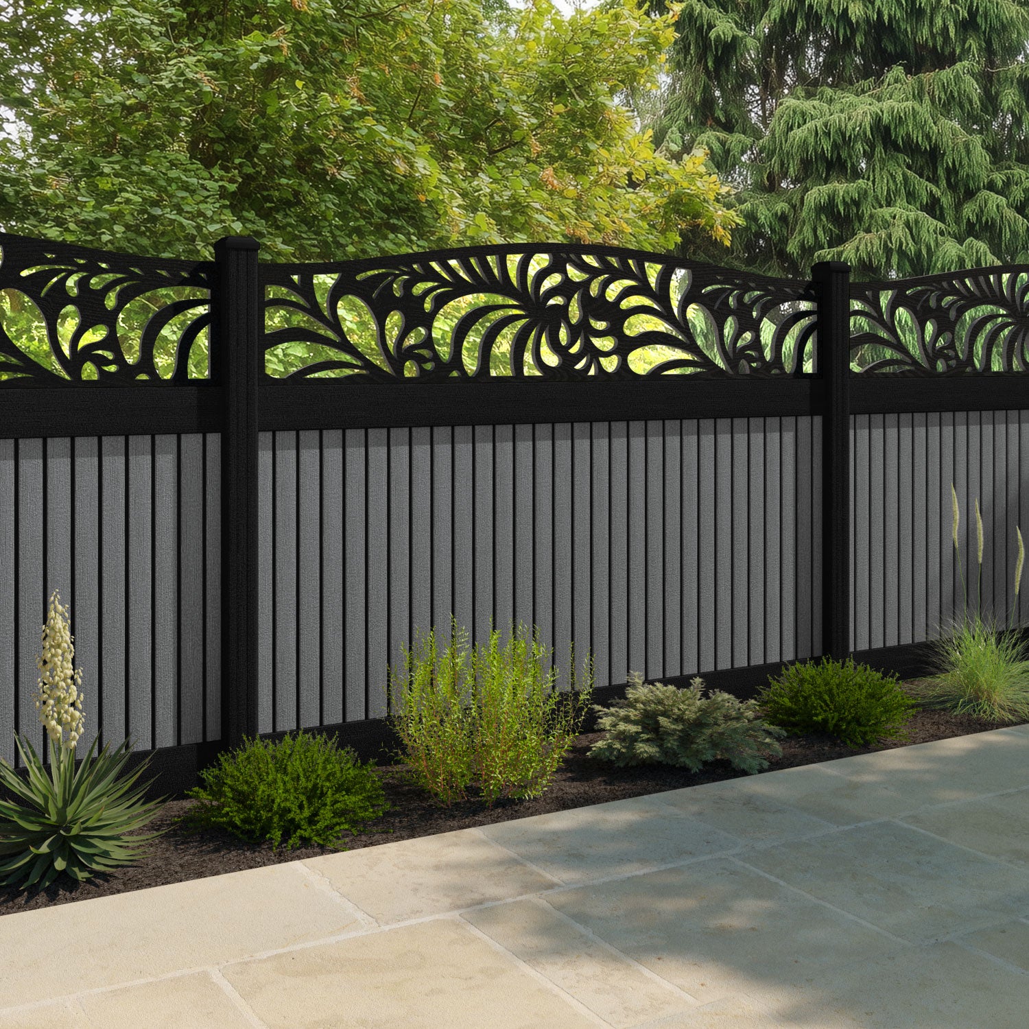 Virtis Petal Curved Top Fence Panel - Mid Grey - with our composite posts