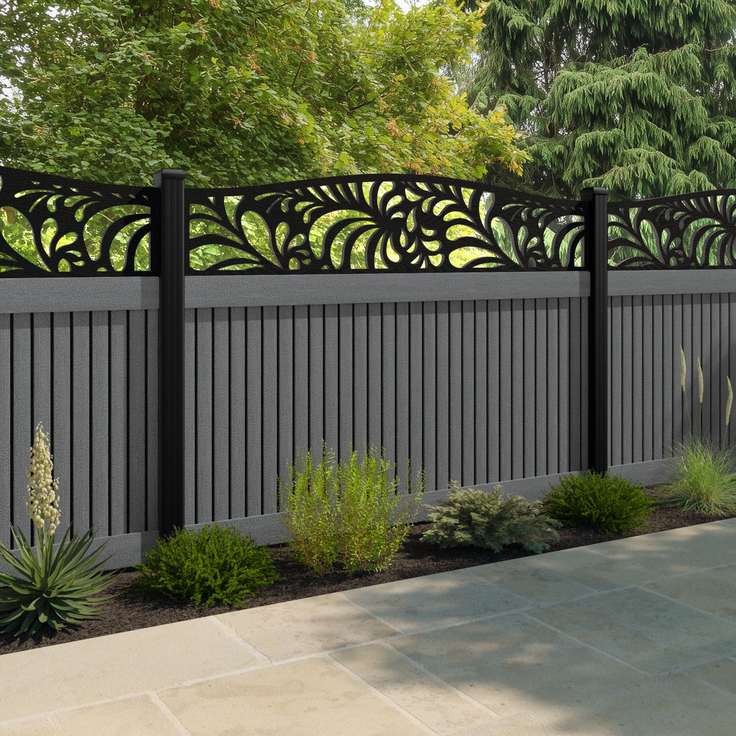 Virtis Petal Curved Top Fence Panel - Mid Grey - with our aluminium posts