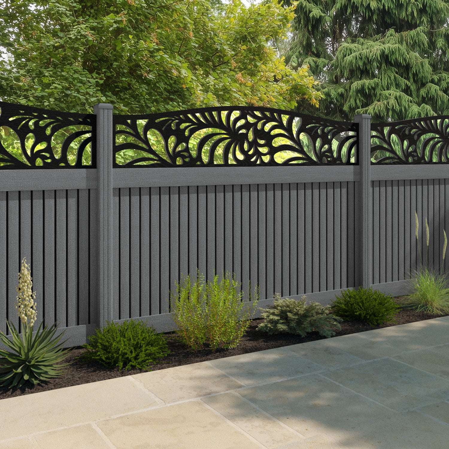 Virtis Petal Curved Top Fence Panel - Mid Grey - with our composite posts
