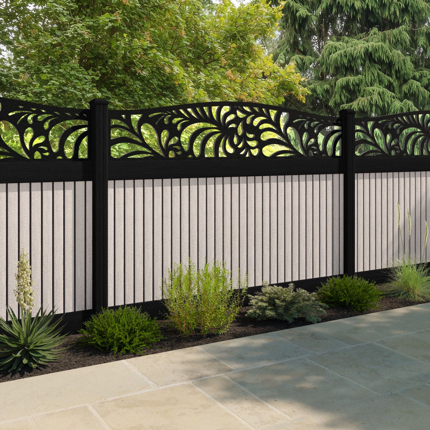 Virtis Petal Curved Top Fence Panel - Mid Stone - with our aluminium posts