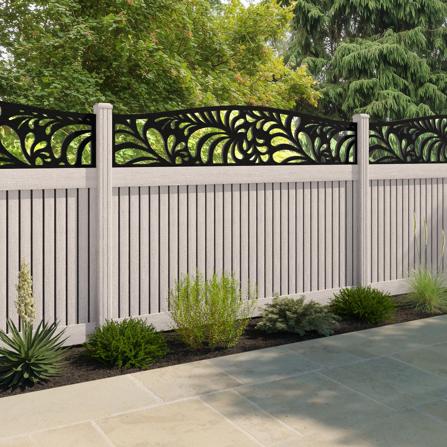 Virtis Petal Curved Top Fence Panel - Mid Stone - with our composite posts