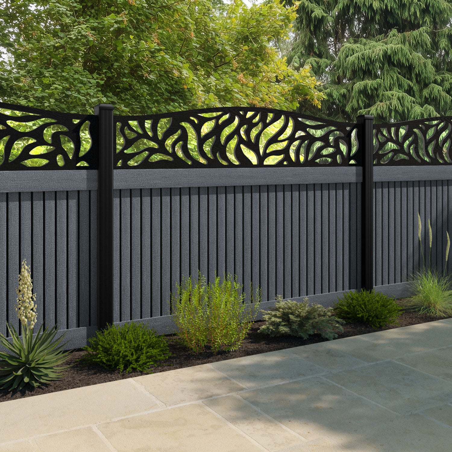 Virtis Plume Curved Top Fence Panel - Anthracite - with our composite posts