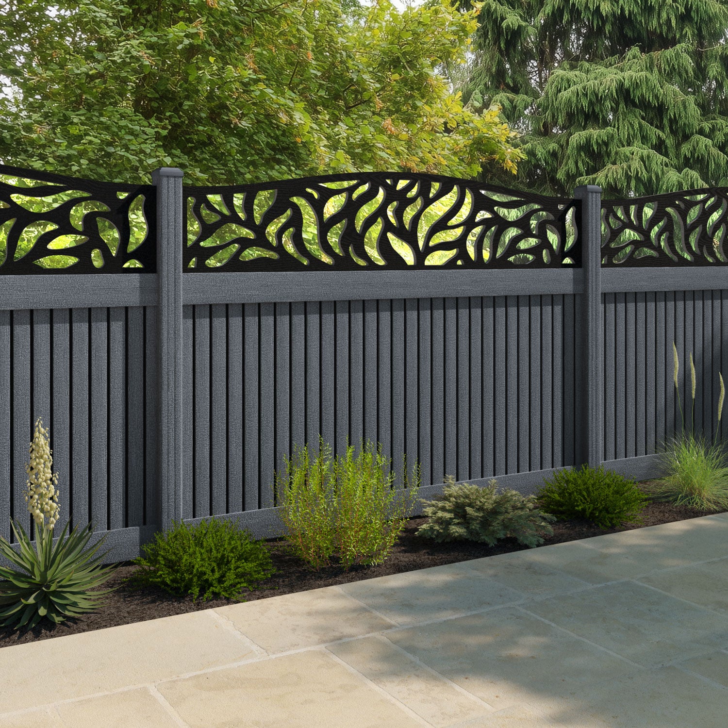 Virtis Plume Curved Top Fence Panel - Anthracite - with our composite posts