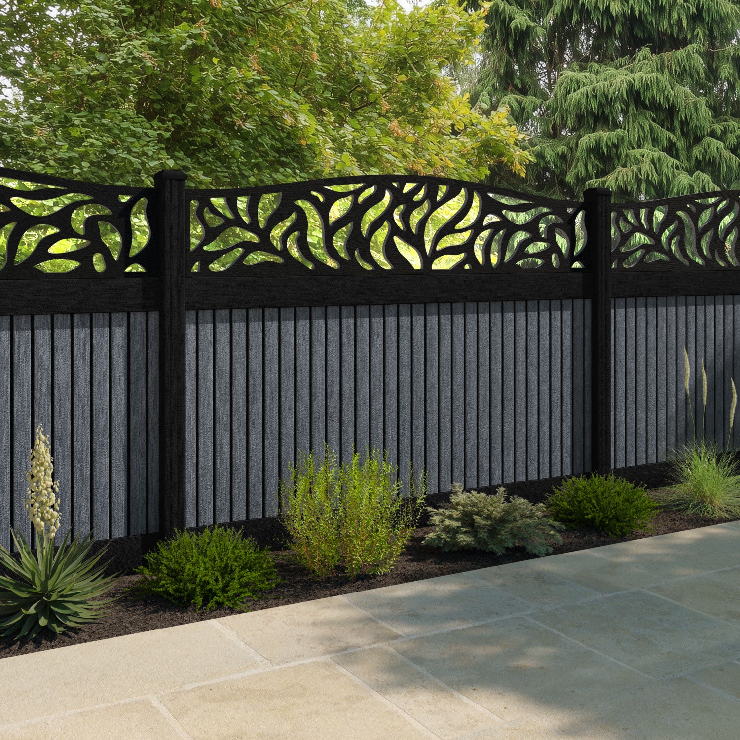 Virtis Plume Curved Top Fence Panel - Anthracite - with our aluminium posts