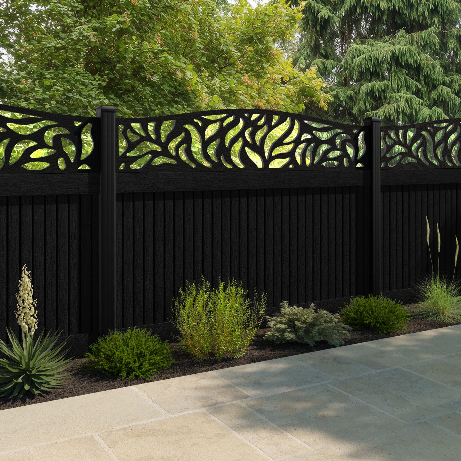 Virtis Plume Curved Top Fence Panel - Black - with our aluminium posts