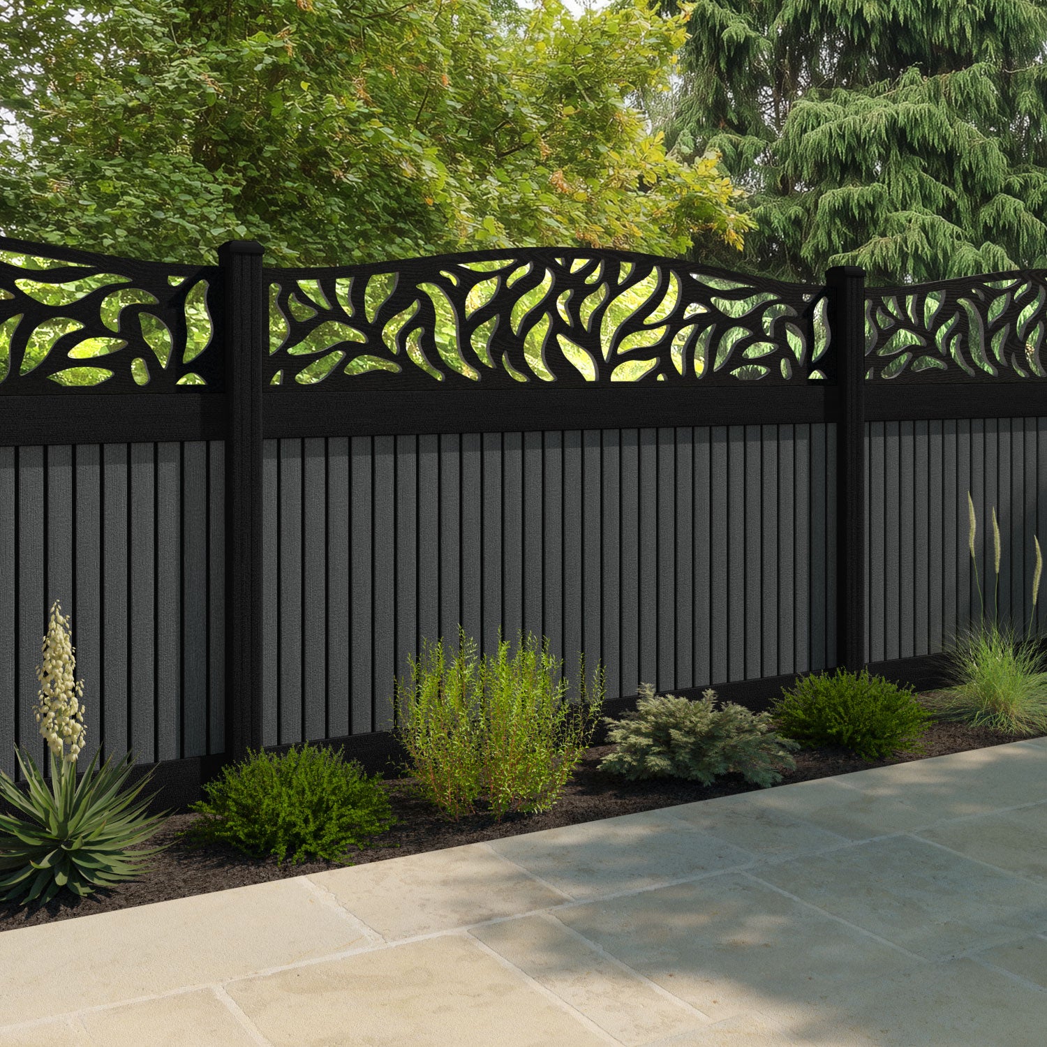 Virtis Plume Curved Top Fence Panel - Dark Grey - with our composite posts