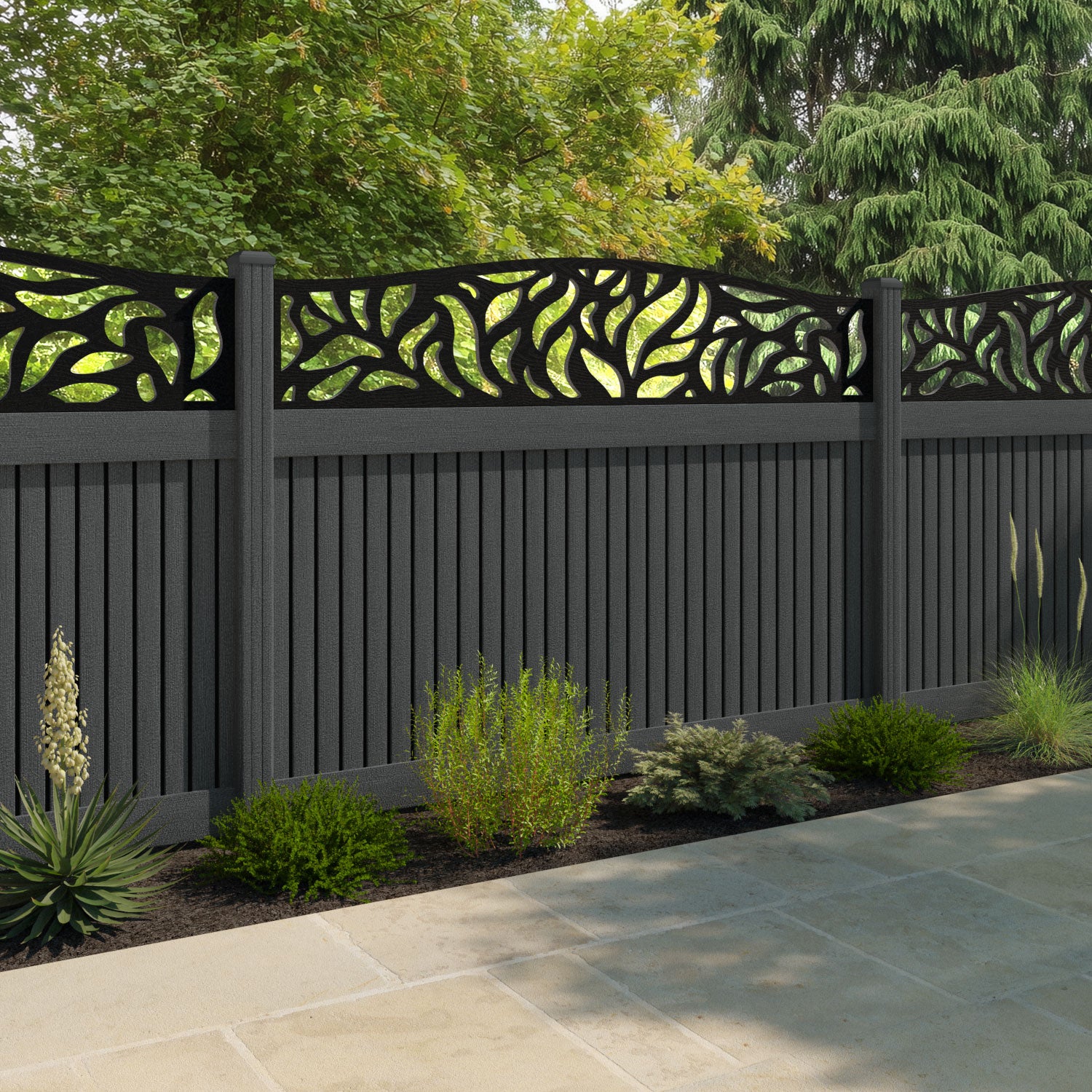 Virtis Plume Curved Top Fence Panel - Dark Grey - with our composite posts