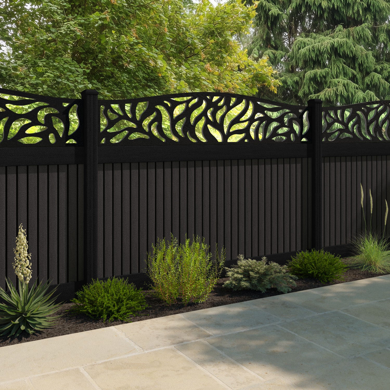 Virtis Plume Curved Top Fence Panel - Dark Oak - with our composite posts