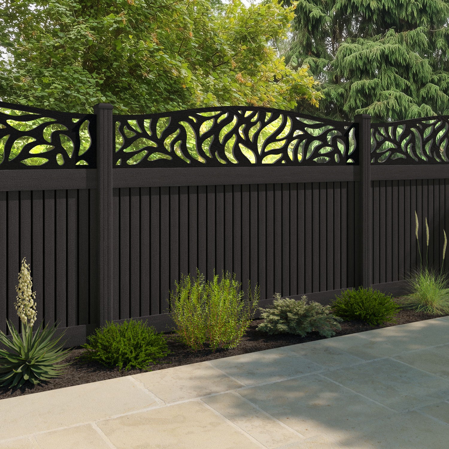 Virtis Plume Curved Top Fence Panel - Dark Oak - with our composite posts