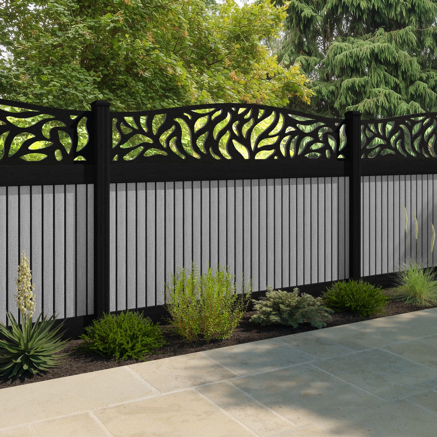 Virtis Plume Curved Top Fence Panel - Light Grey - with our aluminium posts