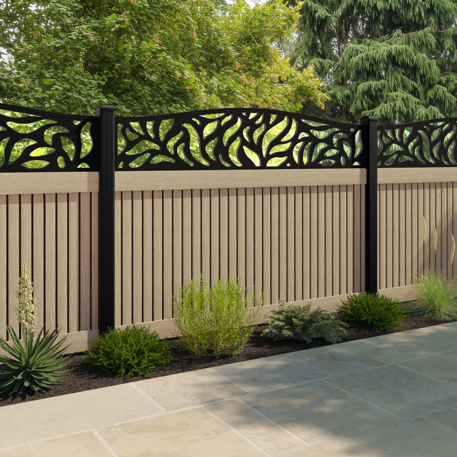 Virtis Plume Curved Top Fence Panel - Light Oak - with our aluminium posts