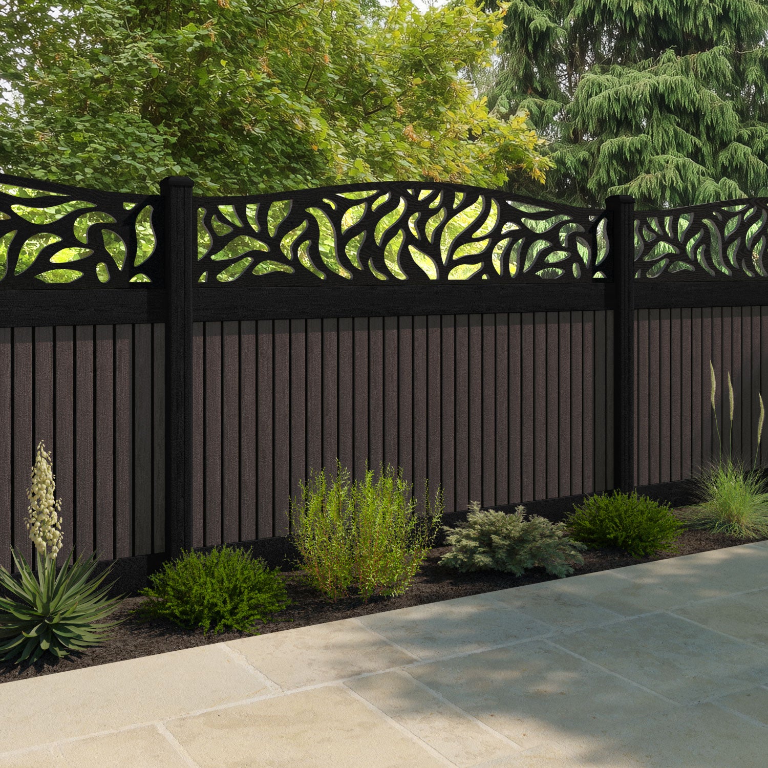 Virtis Plume Curved Top Fence Panel - Mid Brown - with our composite posts