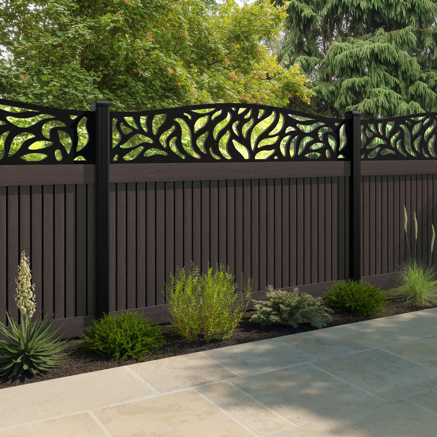 Virtis Plume Curved Top Fence Panel - Mid Brown - with our composite posts