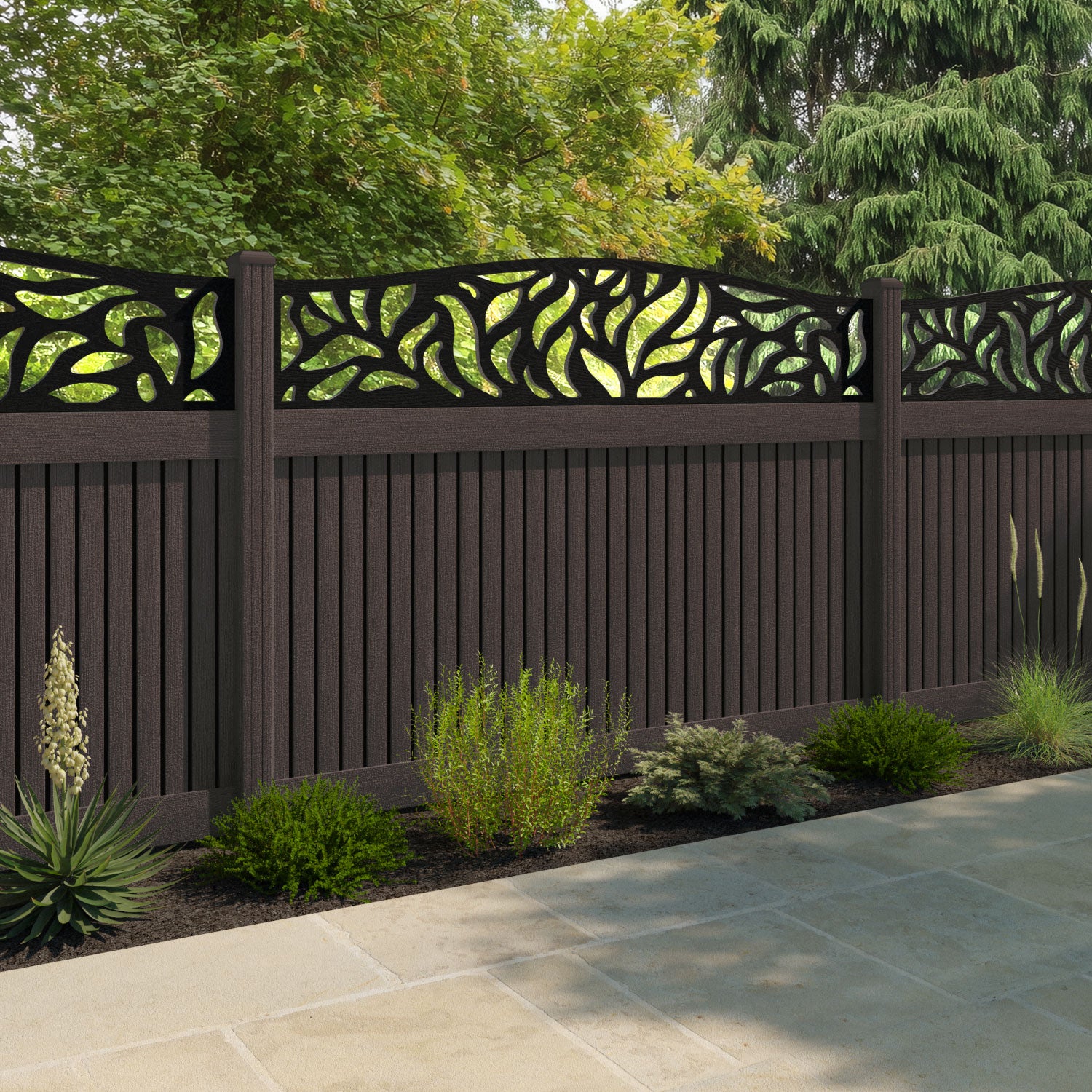 Virtis Plume Curved Top Fence Panel - Mid Brown - with our composite posts