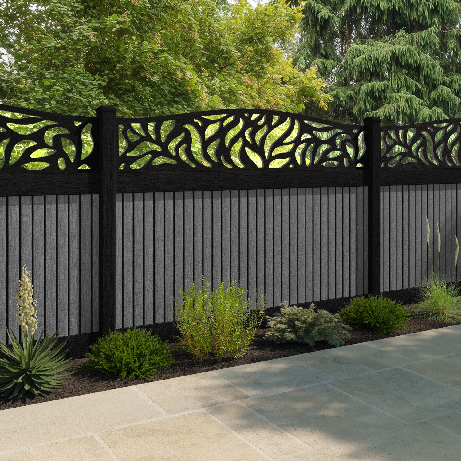 Virtis Plume Curved Top Fence Panel - Mid Grey - with our aluminium posts