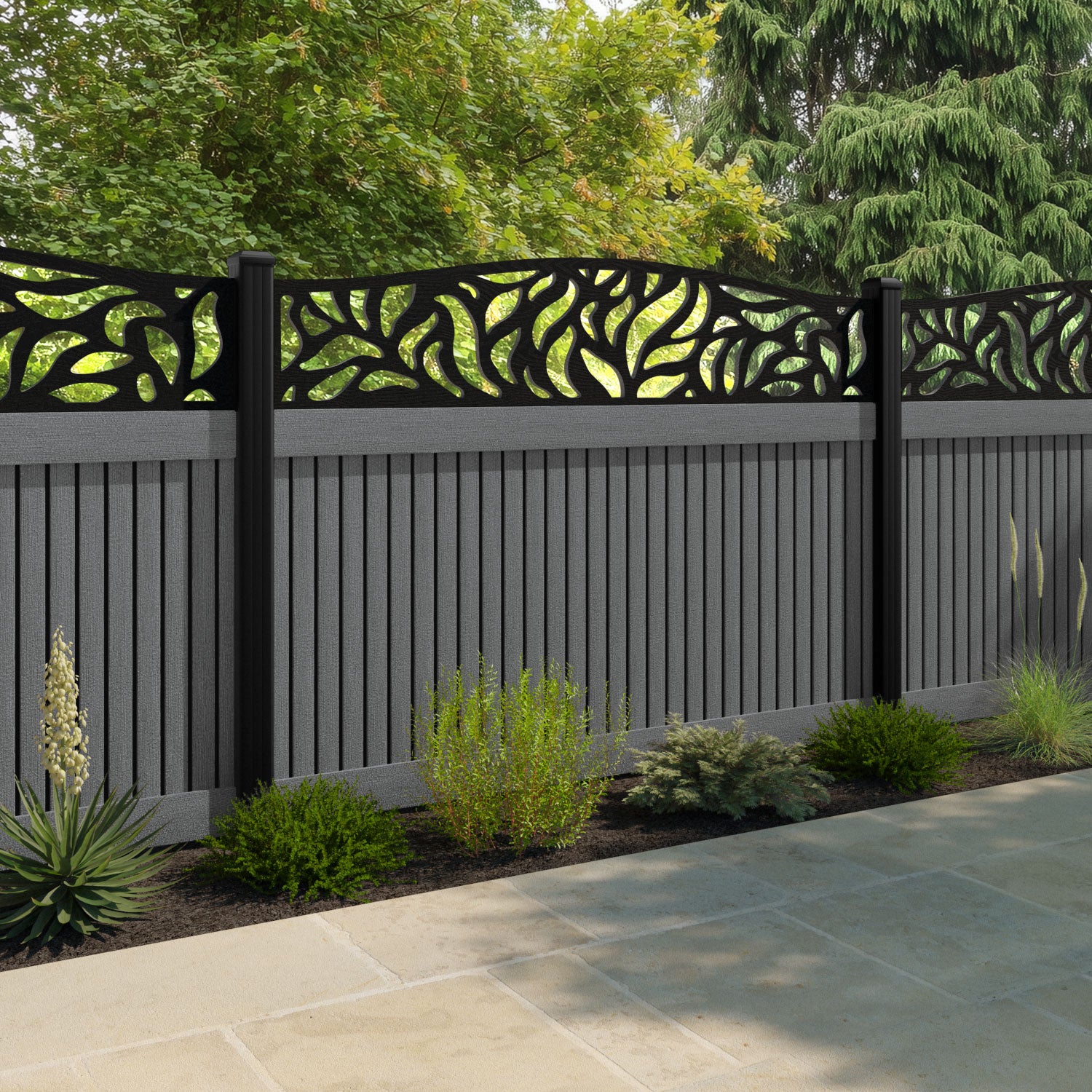 Virtis Plume Curved Top Fence Panel - Mid Grey - with our composite posts