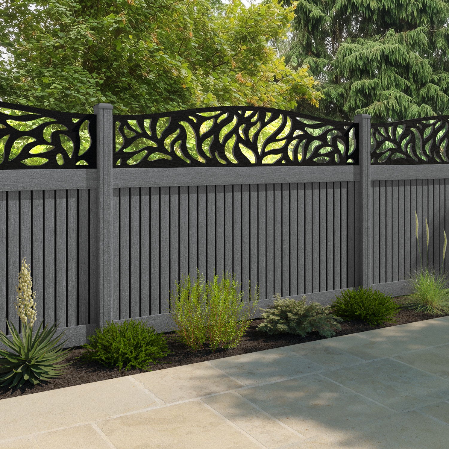 Virtis Plume Curved Top Fence Panel - Mid Grey - with our composite posts