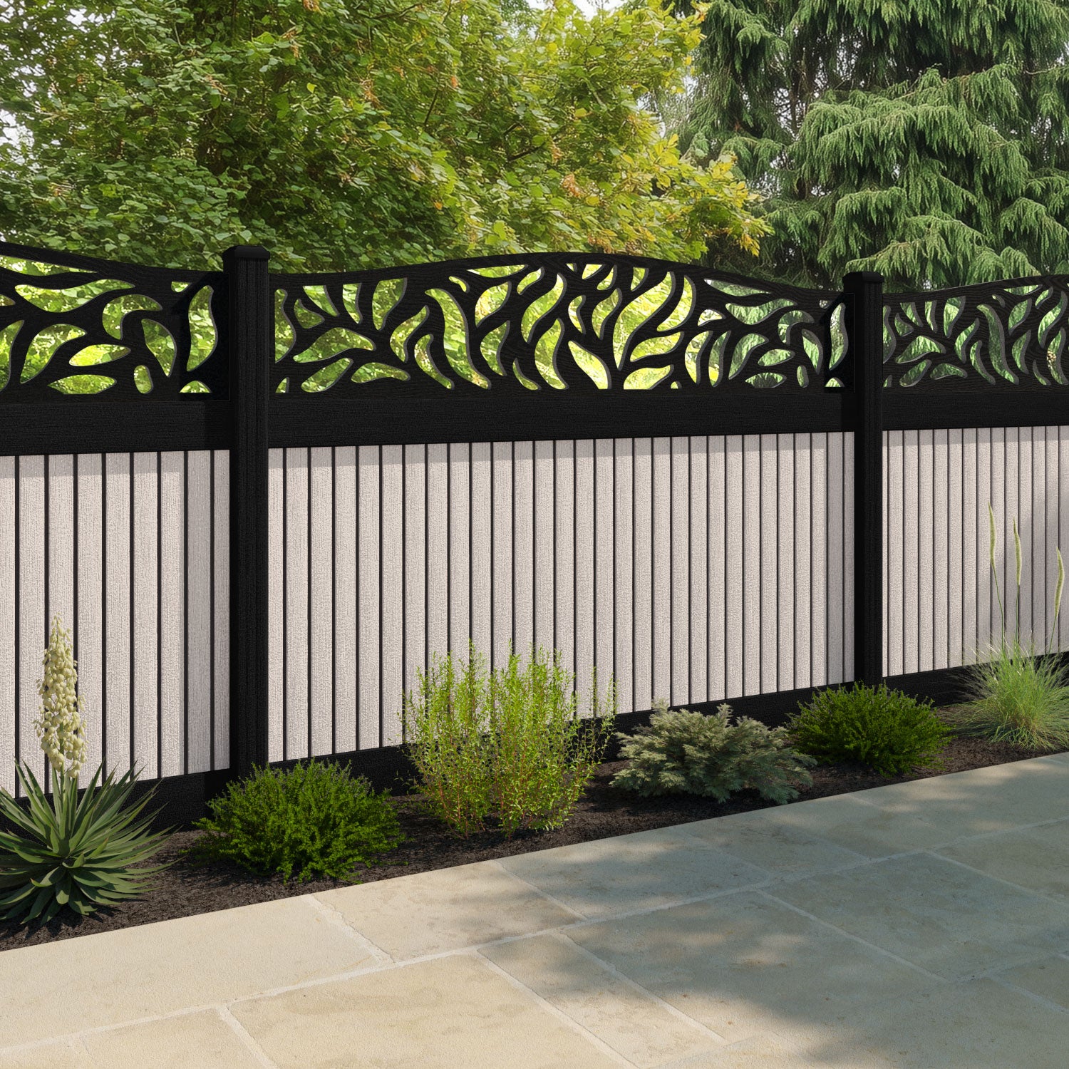 Virtis Plume Curved Top Fence Panel - Mid Stone - with our aluminium posts