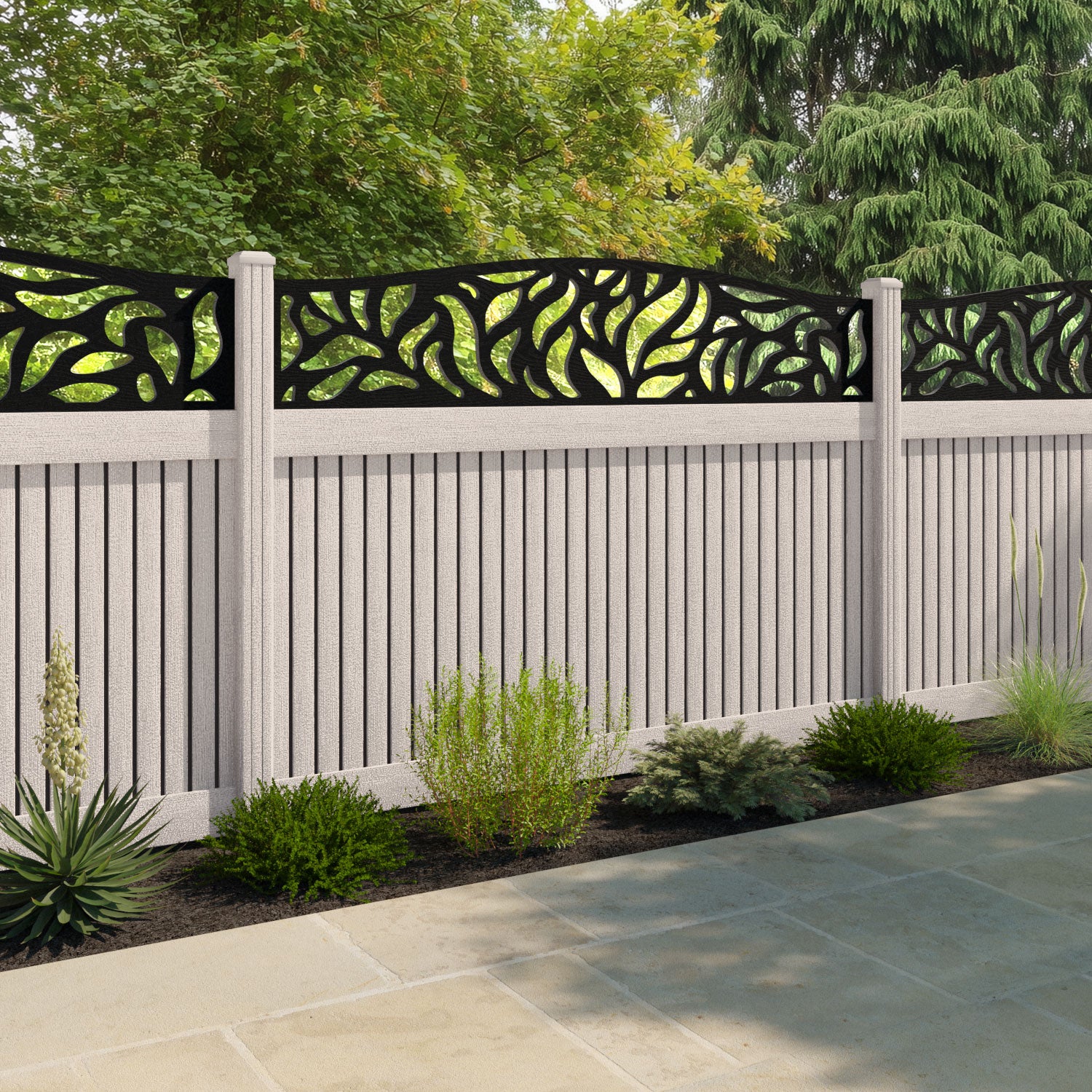 Virtis Plume Curved Top Fence Panel - Mid Stone - with our composite posts