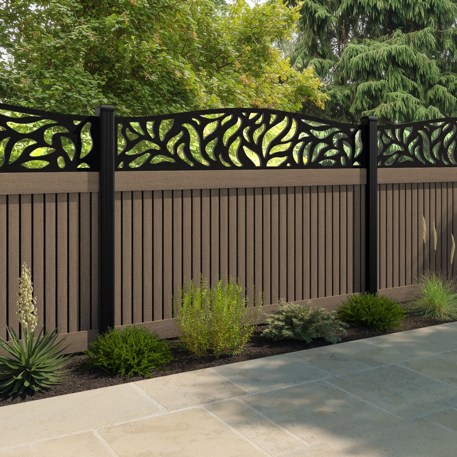 Virtis Plume Curved Top Fence Panel - Teak - with our aluminium posts