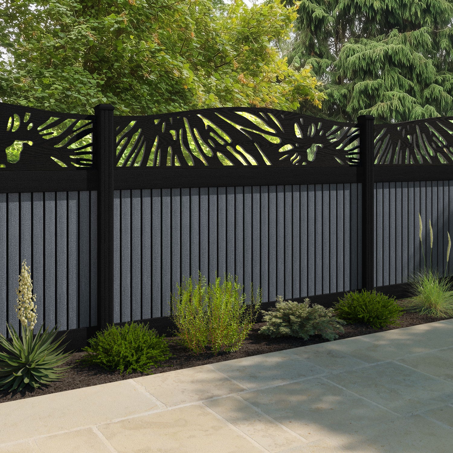 Virtis Poppy Curved Top Fence Panel - Anthracite - with our aluminium posts