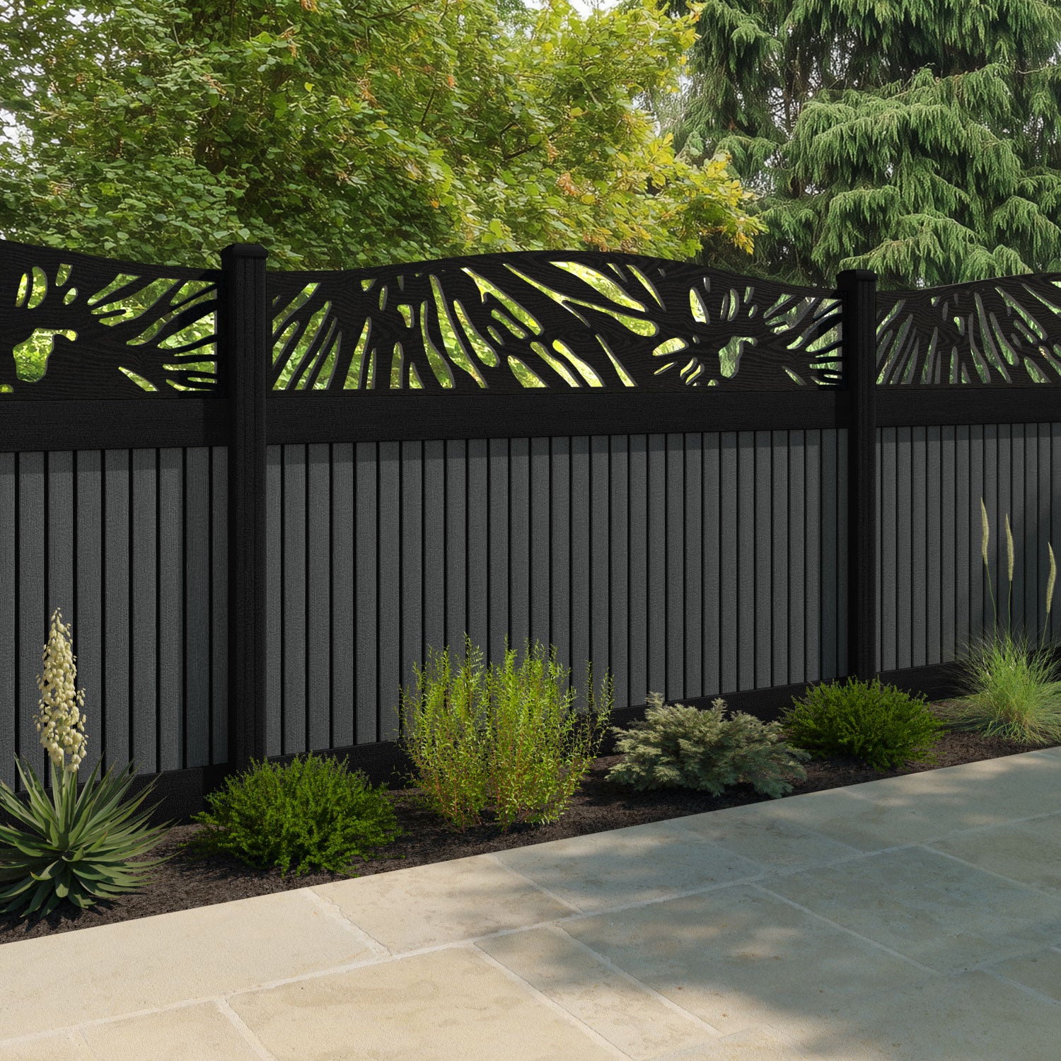Virtis Poppy Curved Top Fence Panel - Dark Grey - with our aluminium posts