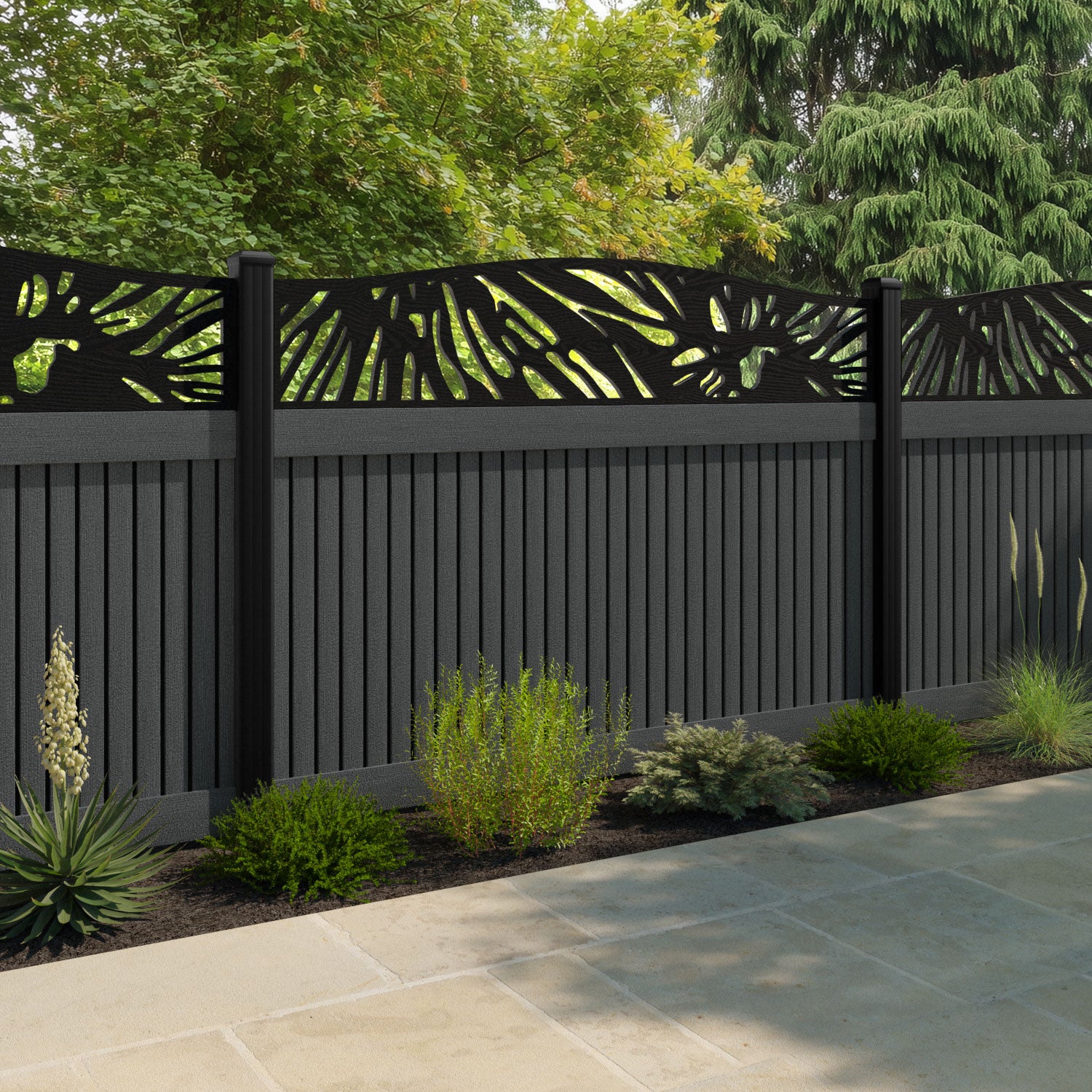 Virtis Poppy Curved Top Fence Panel - Dark Grey - with our aluminium posts