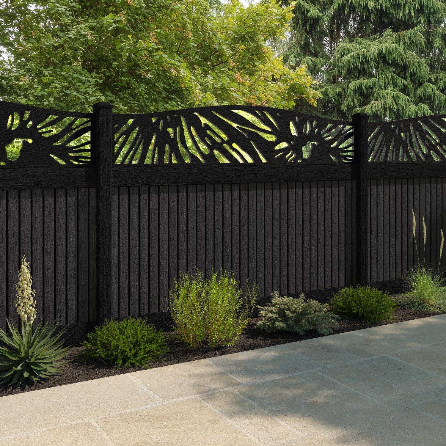 Virtis Poppy Curved Top Fence Panel - Dark Oak - with our composite posts