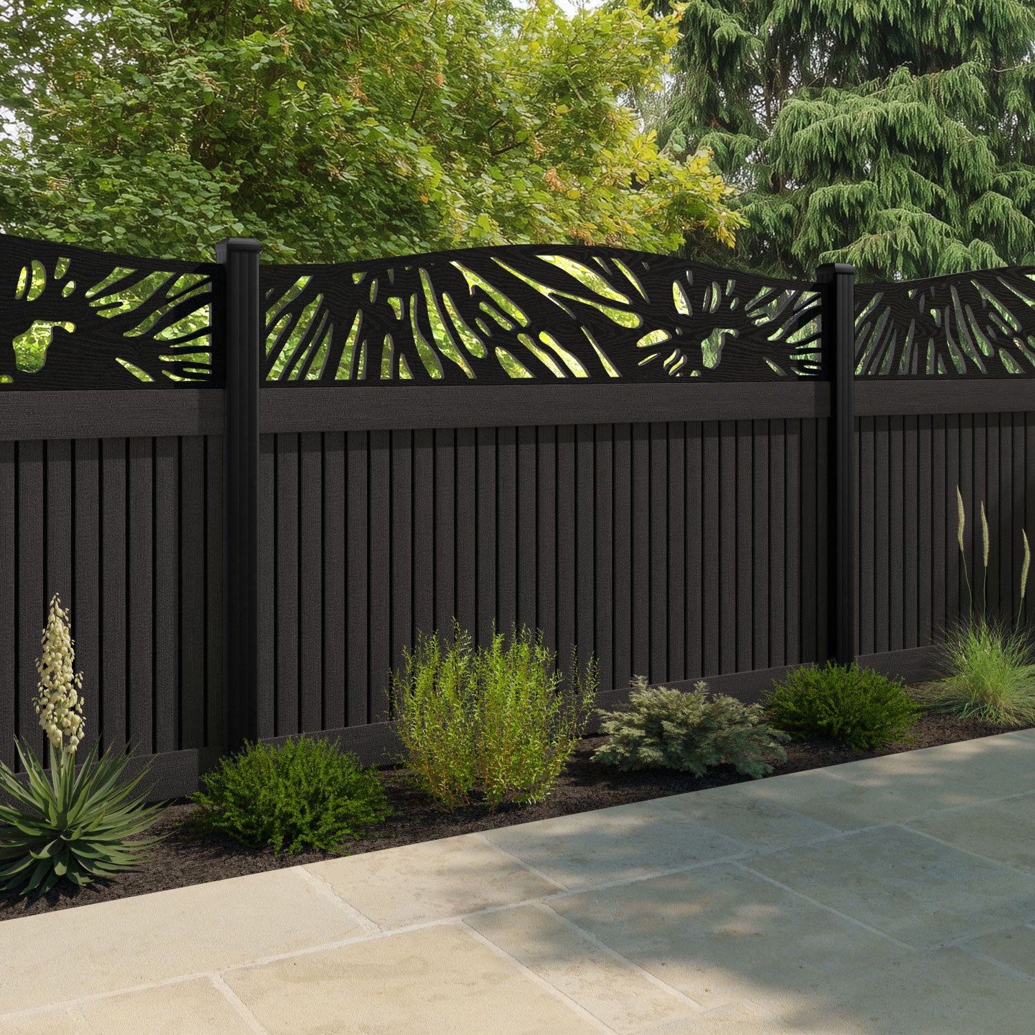Virtis Poppy Curved Top Fence Panel - Dark Oak - with our composite posts