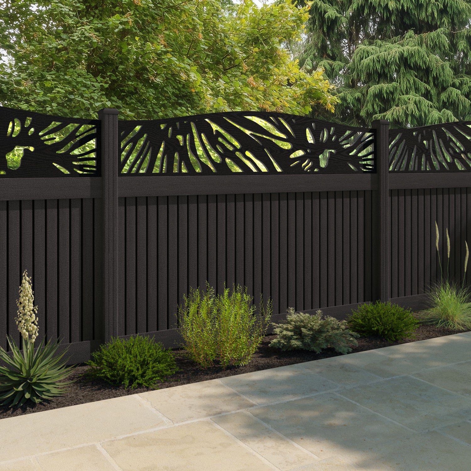 Virtis Poppy Curved Top Fence Panel - Dark Oak - with our composite posts