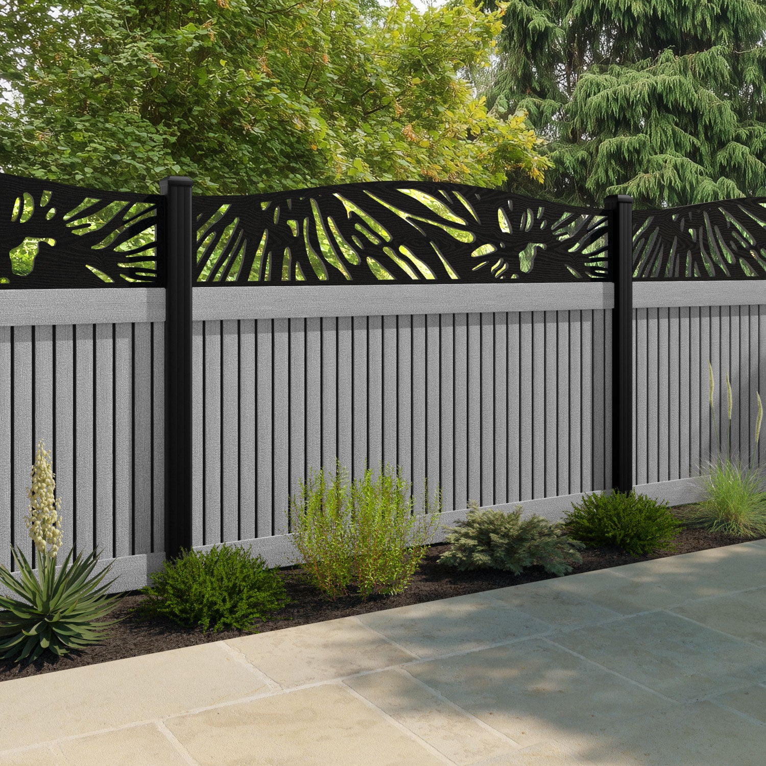 Virtis Poppy Curved Top Fence Panel - Light Grey - with our aluminium posts