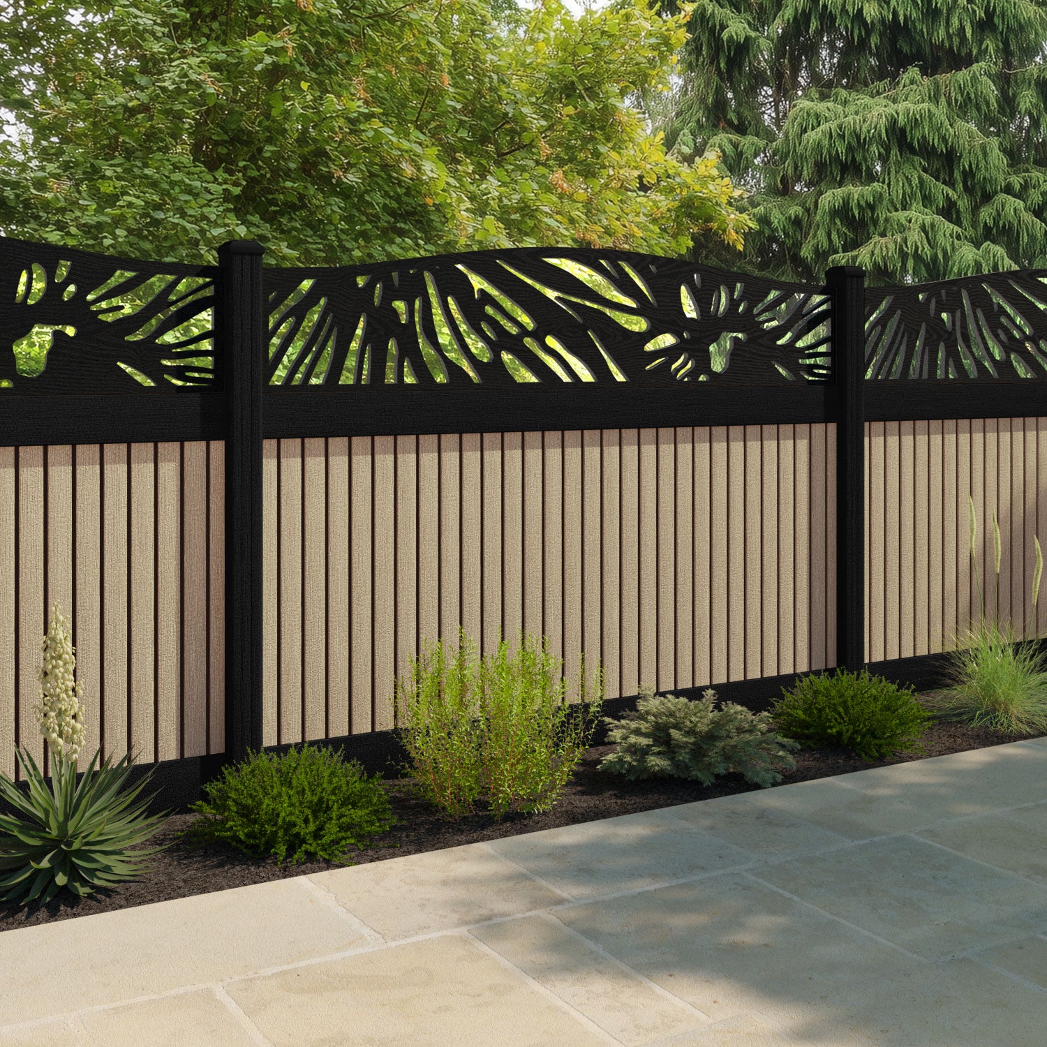 Virtis Poppy Curved Top Fence Panel - Light Oak - with our aluminium posts