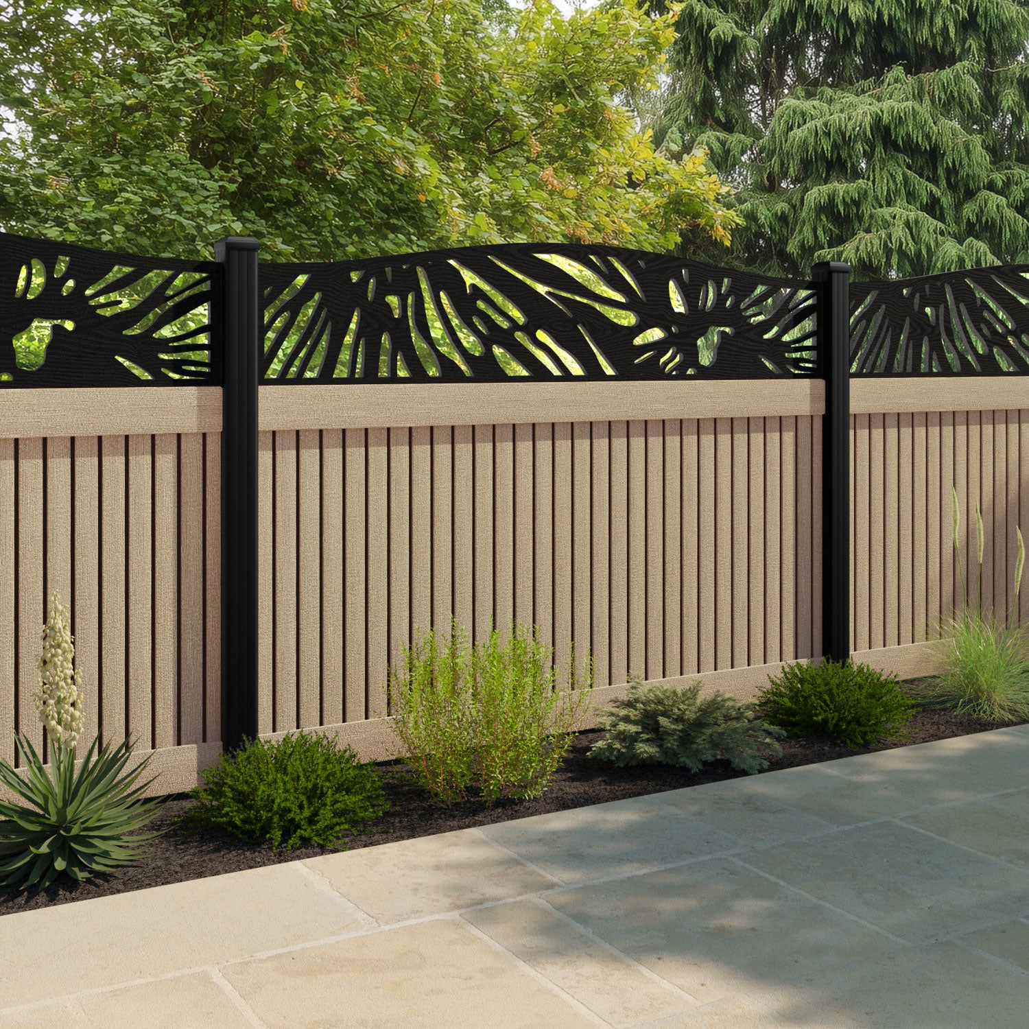 Virtis Poppy Curved Top Fence Panel - Light Oak - with our aluminium posts
