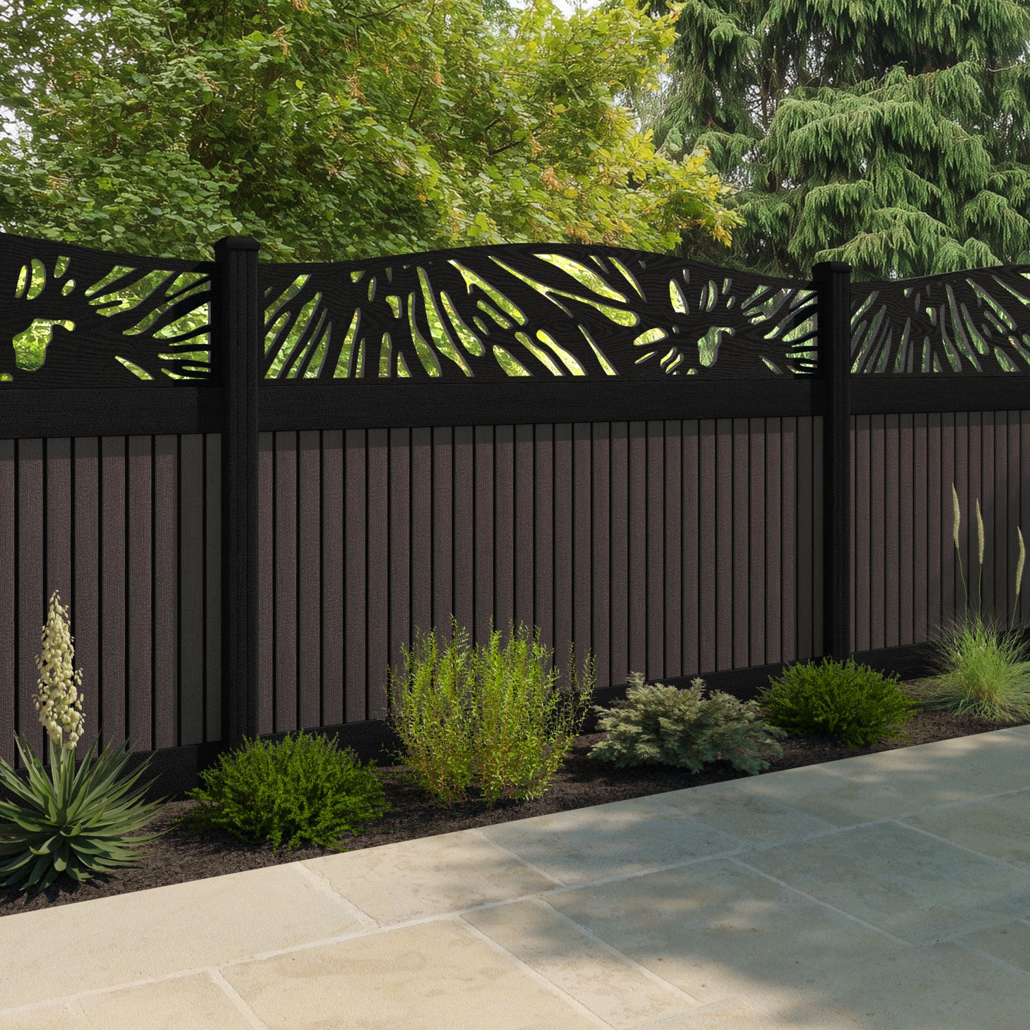Virtis Poppy Curved Top Fence Panel - Mid Brown - with our composite posts