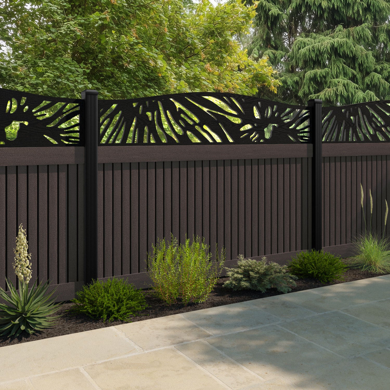 Virtis Poppy Curved Top Fence Panel - Mid Brown - with our composite posts