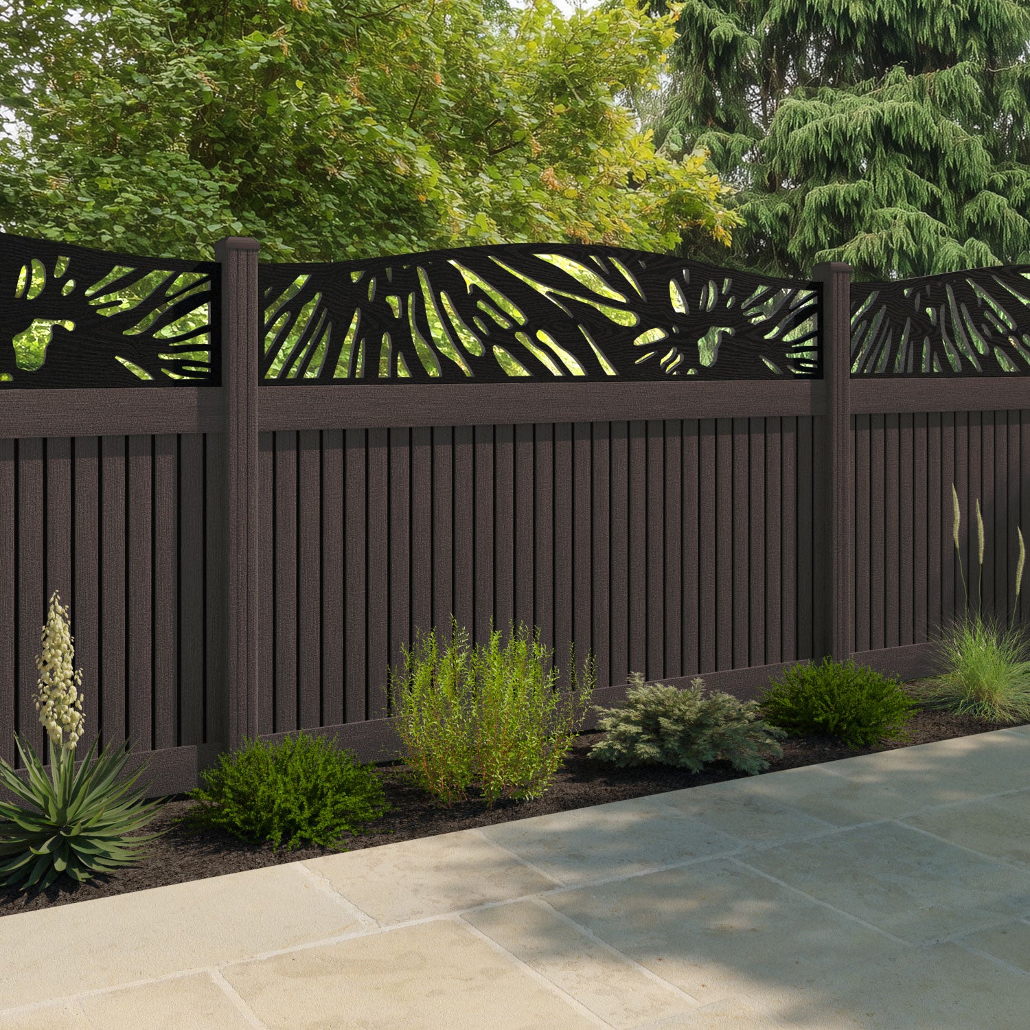 Virtis Poppy Curved Top Fence Panel - Mid Brown - with our composite posts
