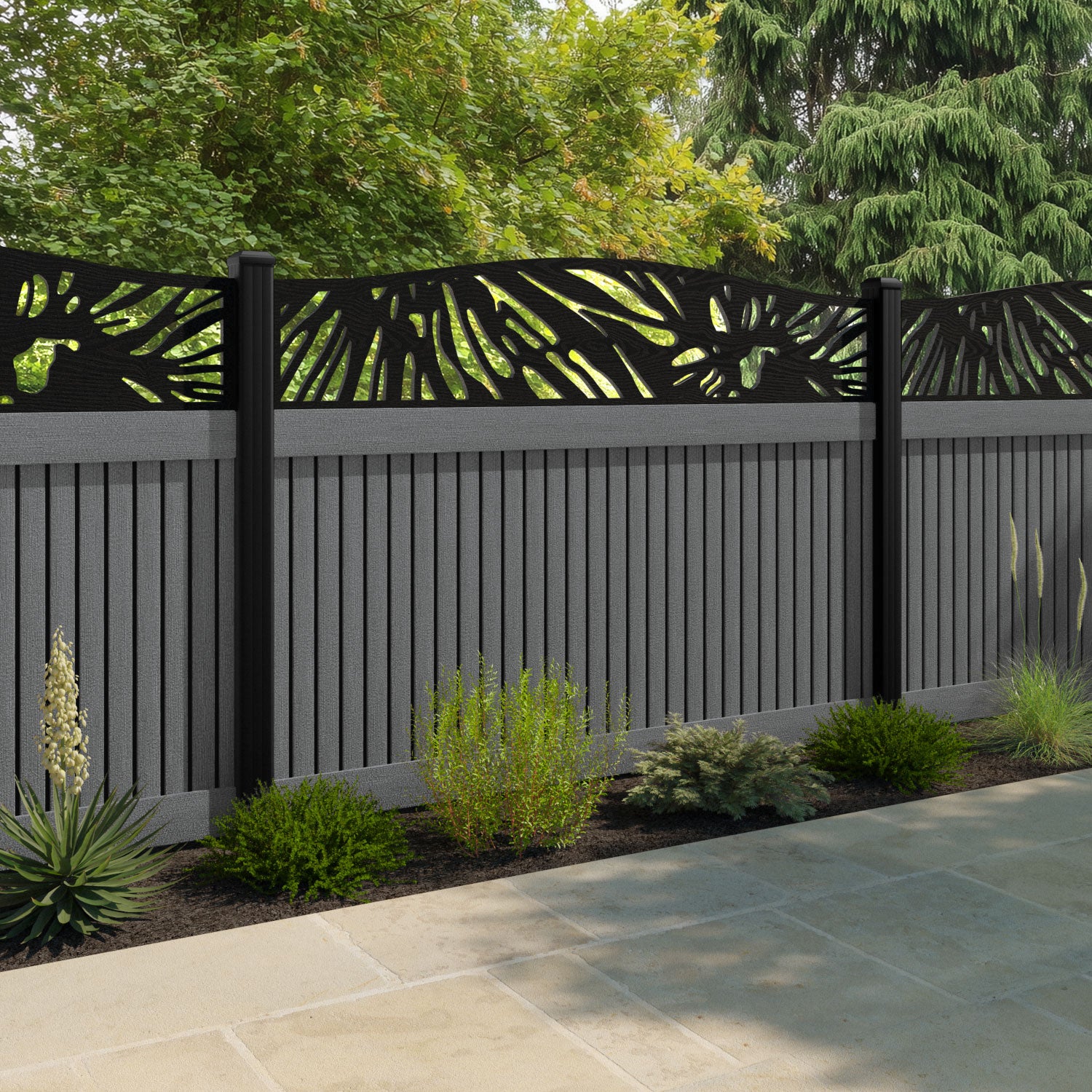 Virtis Poppy Curved Top Fence Panel - Mid Grey - with our aluminium posts