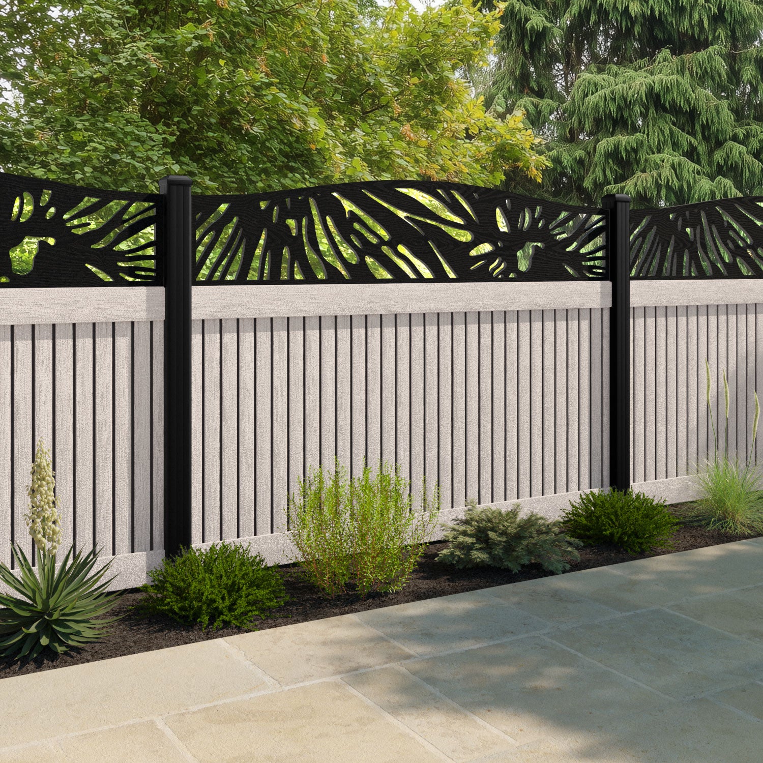Virtis Poppy Curved Top Fence Panel - Mid Stone - with our composite posts