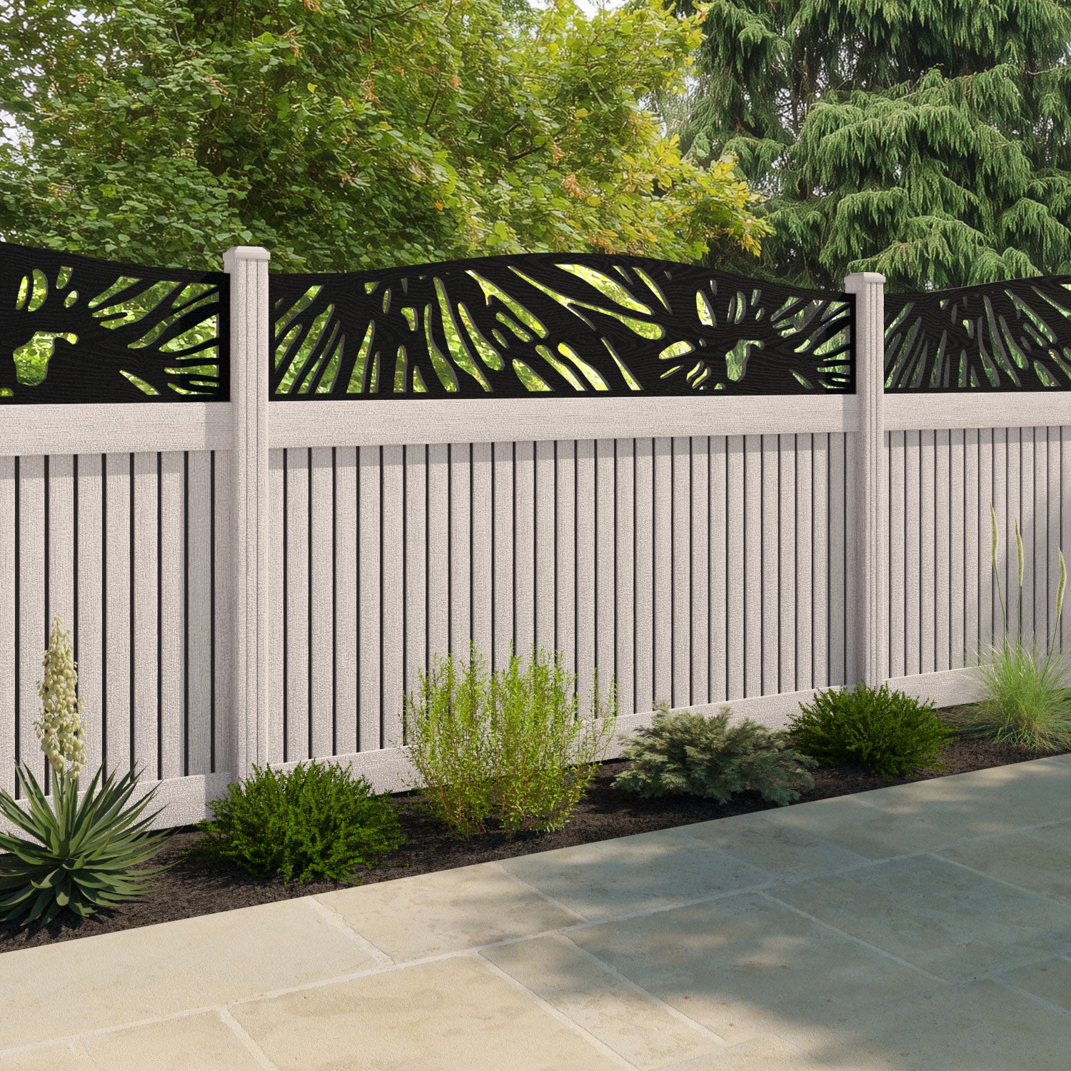 Virtis Poppy Curved Top Fence Panel - Mid Stone - with our composite posts