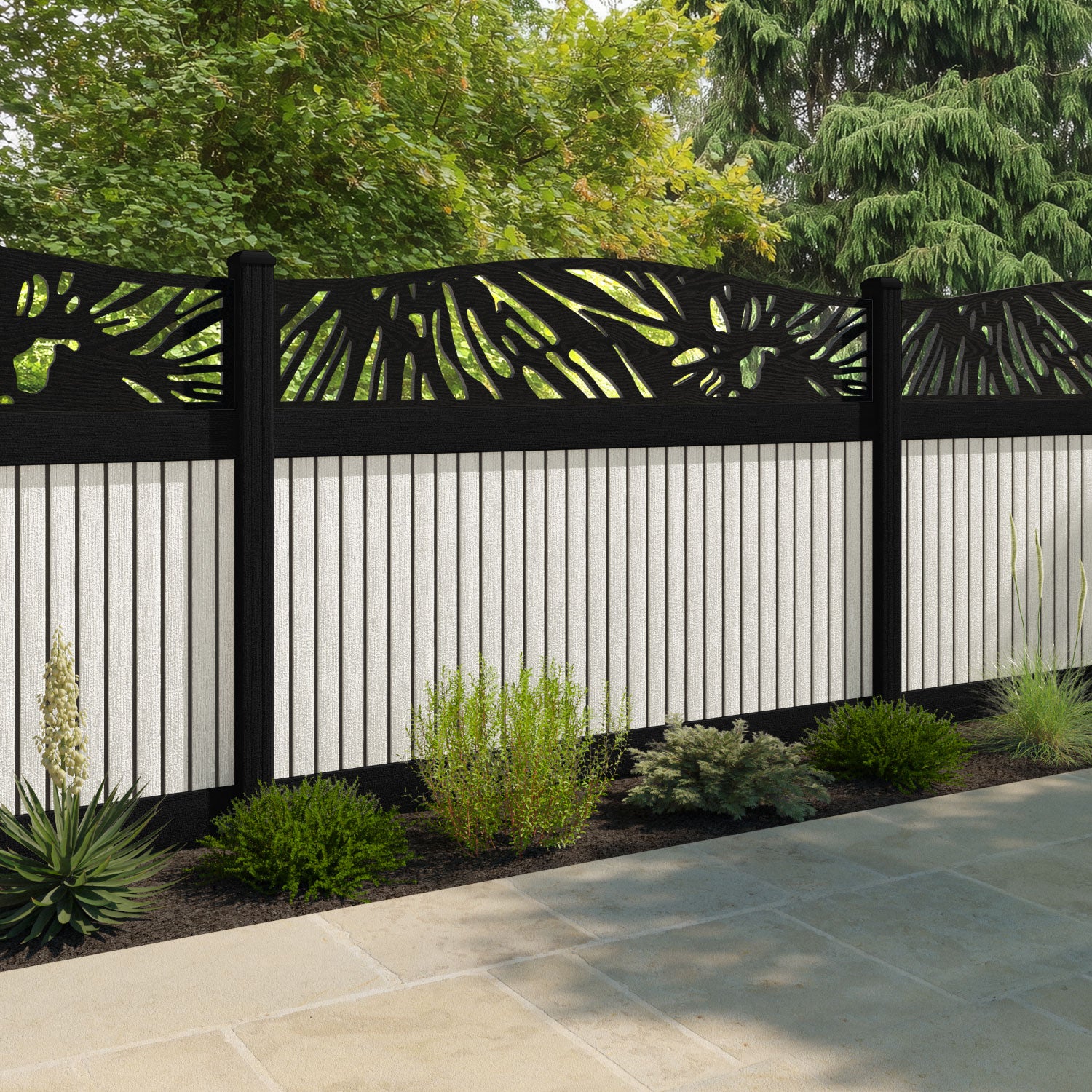 Virtis Poppy Curved Top Fence Panel - Light Stone - with our aluminium posts