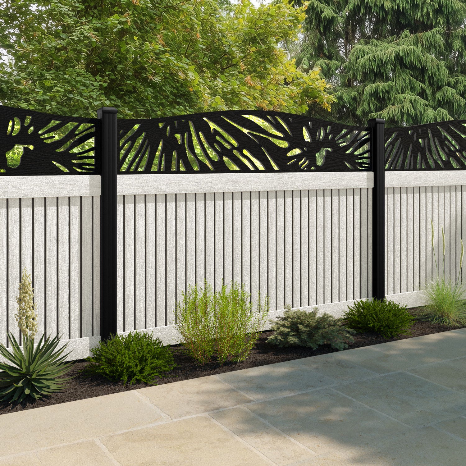 Virtis Poppy Curved Top Fence Panel - Light Stone - with our composite posts