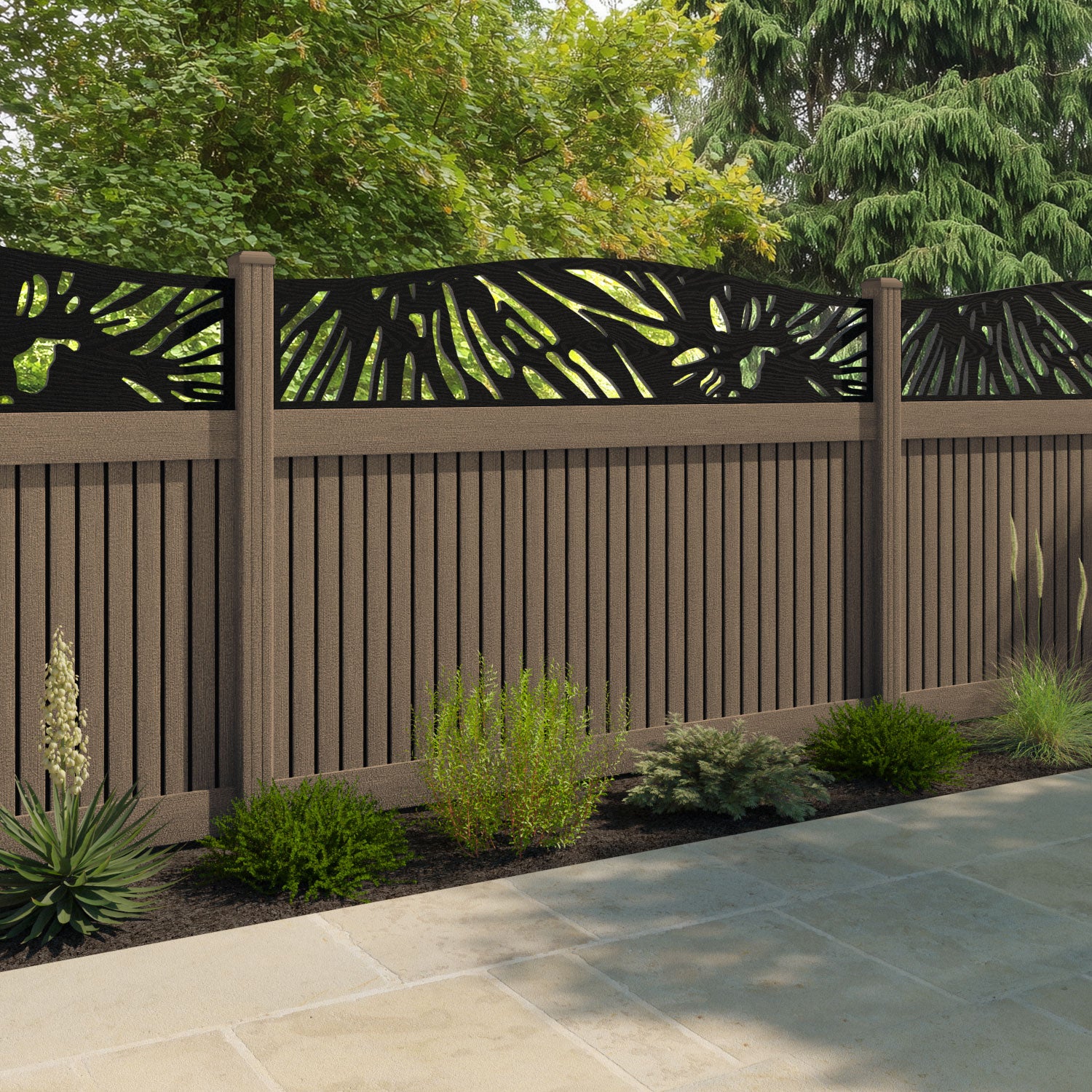 Virtis Poppy Curved Top Fence Panel - Teak - with our composite posts