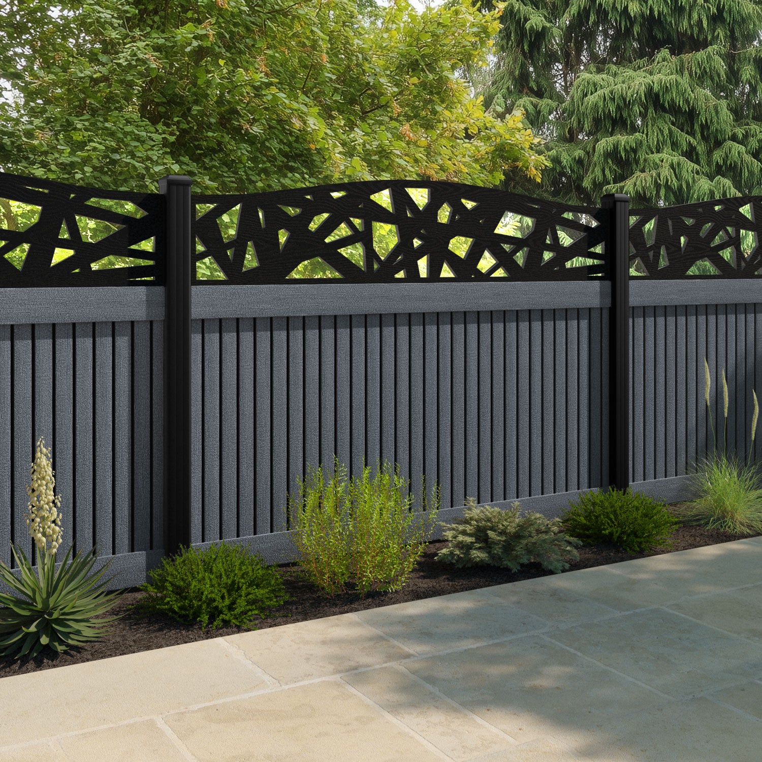 Virtis Prism Curved Top Fence Panel - Anthracite - with our composite posts