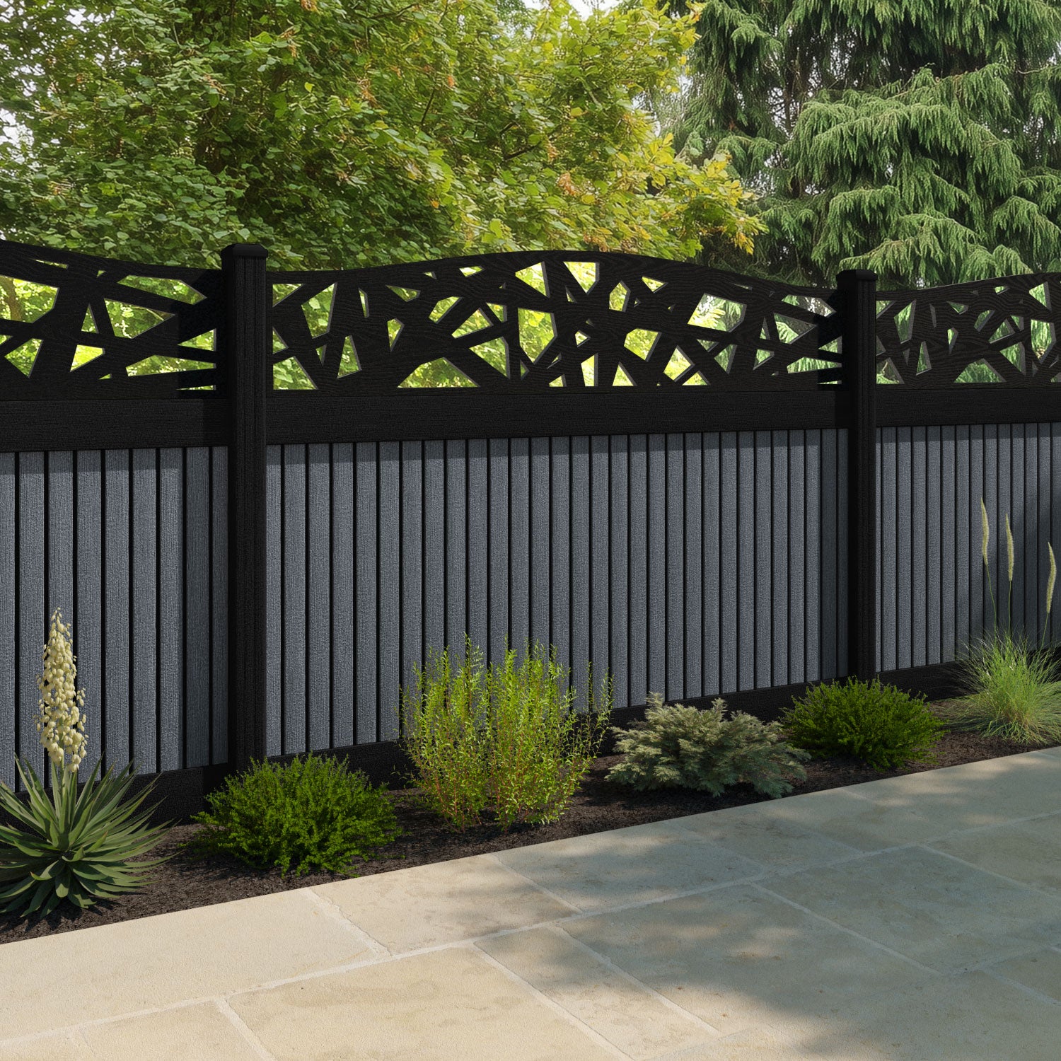 Virtis Prism Curved Top Fence Panel - Anthracite - with our aluminium posts