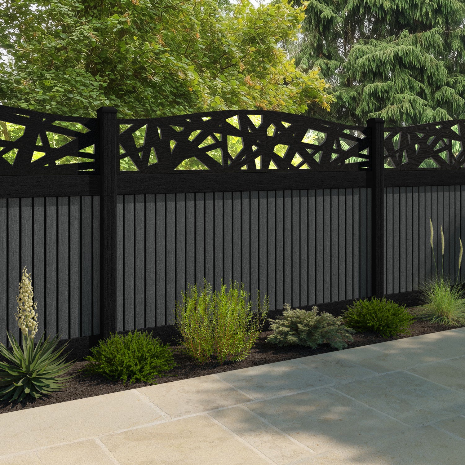 Virtis Prism Curved Top Fence Panel - Dark Grey - with our composite posts