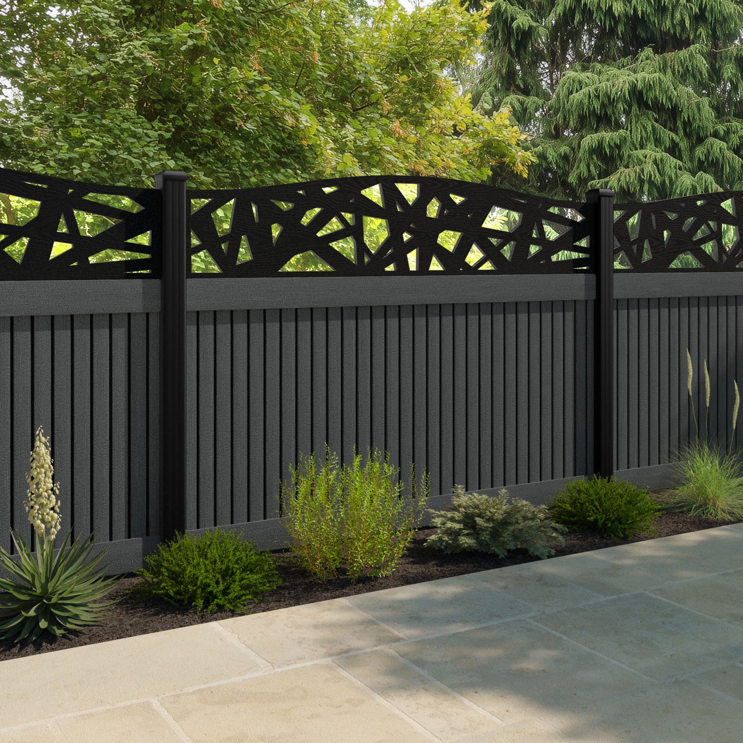 Virtis Prism Curved Top Fence Panel - Dark Grey - with our composite posts