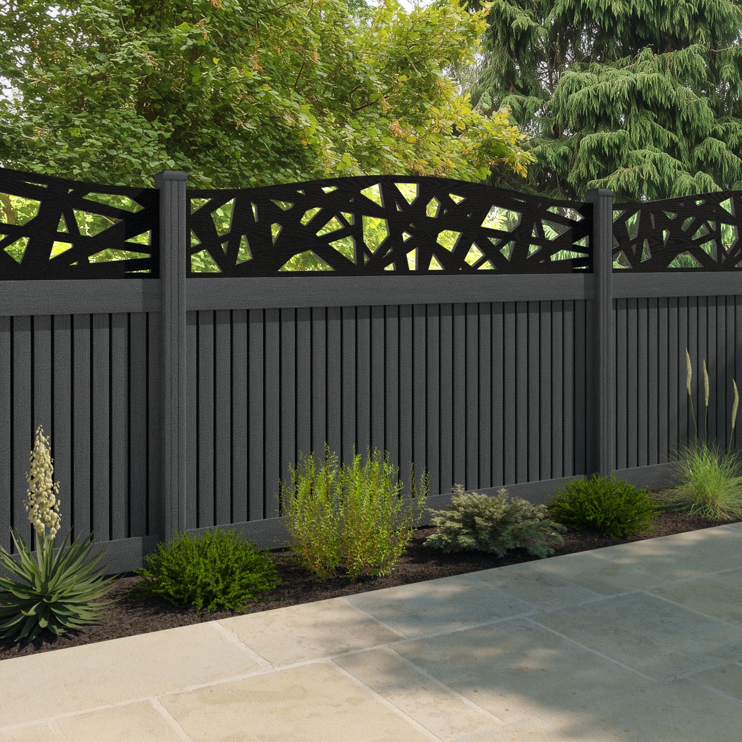 Virtis Prism Curved Top Fence Panel - Dark Grey - with our composite posts