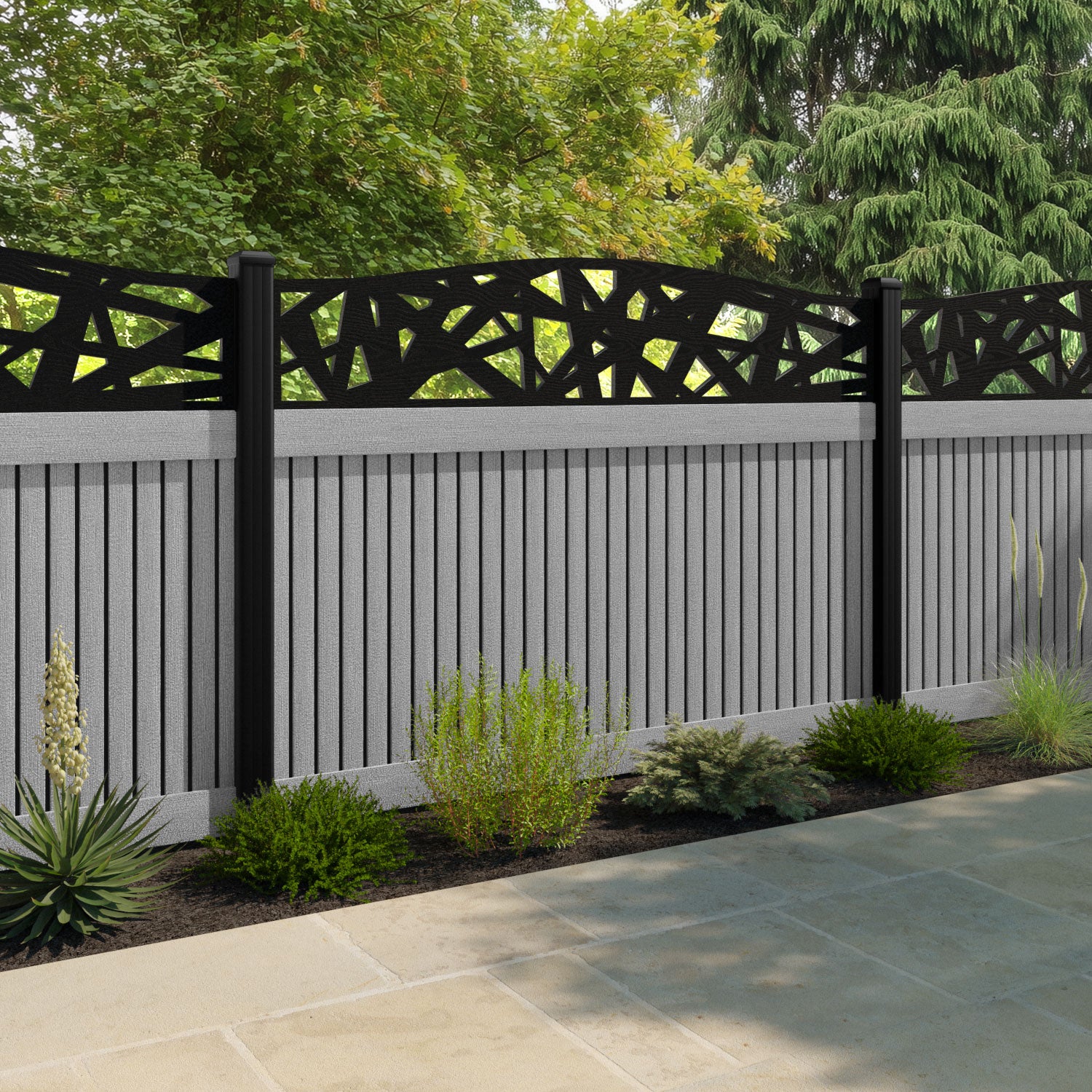 Virtis Prism Curved Top Fence Panel - Light Grey - with our composite posts