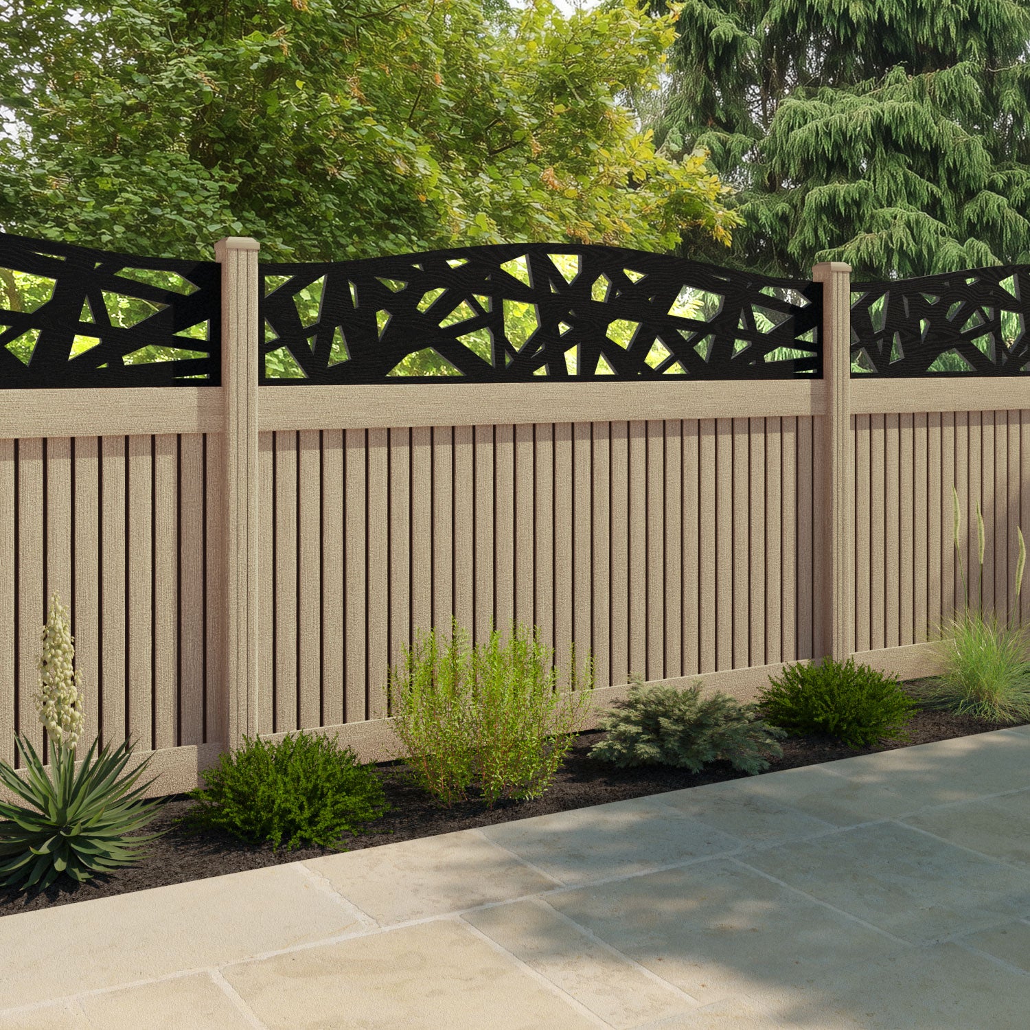 Virtis Prism Curved Top Fence Panel - Light Oak - with our composite posts