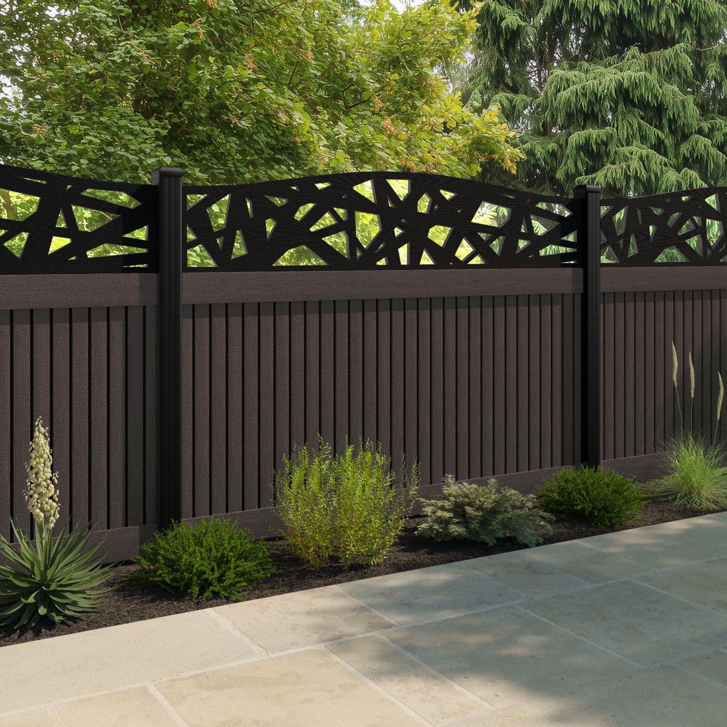 Virtis Prism Curved Top Fence Panel - Mid Brown - with our aluminium posts